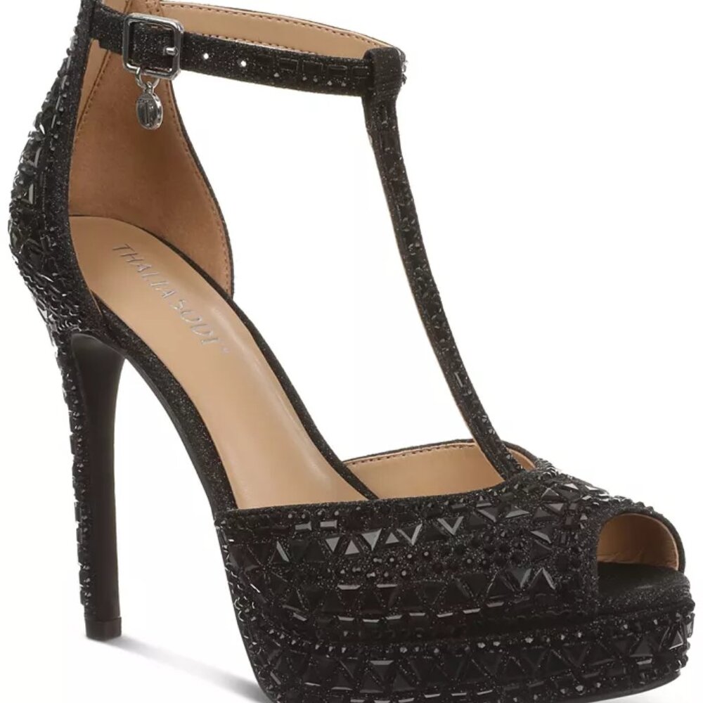 Thalia Sodi Chacey Embellished T-Strap Platform Peep Toe Pumps Shoes